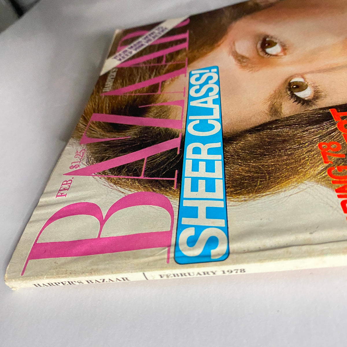 Cover detail of Harper's Bazaar Magazine February 1978 featuring bold text 'SHEER CLASS!' and vintage styling.