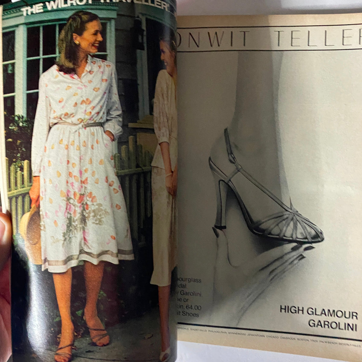 Page layout from Harper's Bazaar magazine March 1979 featuring women's fashion with floral designs and elegant footwear, embodying 1970s style.