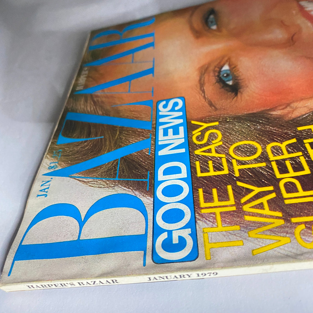 Side view of Harper's Bazaar Magazine January 1979 showcasing the magazine title and cover details.