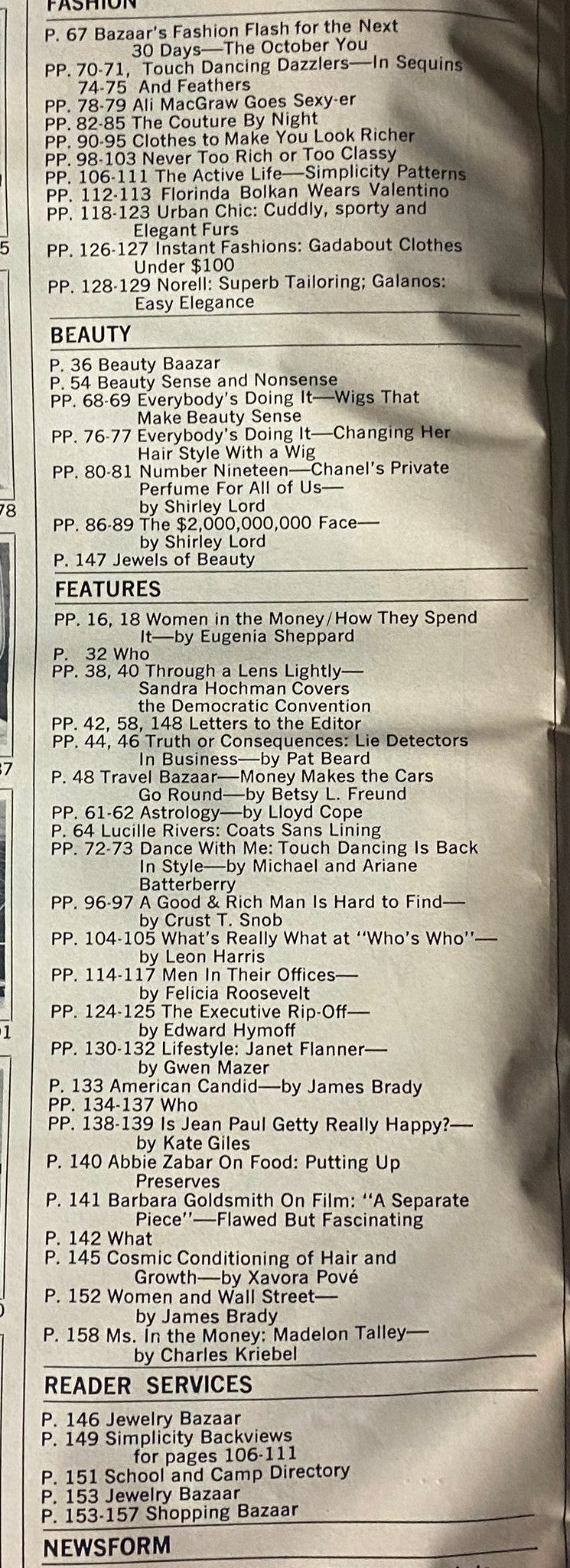 Contents page from Harper's Bazaar Magazine, October 1972, outlining featured articles and fashion trends of the time.