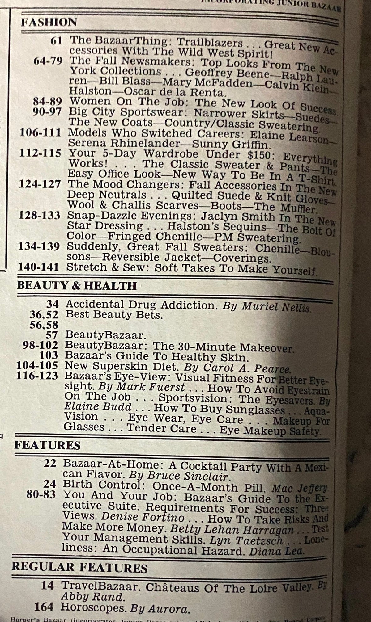 Table of contents from Harper's Bazaar Magazine August 1978, detailing articles on fashion, beauty, and lifestyle, emphasizing 'Women On The Job: The New Look Of Success'.