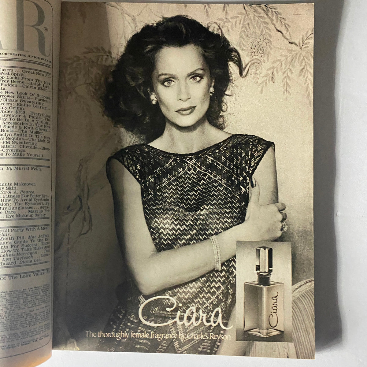 Black and white advertisement from Harper's Bazaar Magazine August 1978, featuring Ciara fragrance by Charles Revson, illustrating beauty and style from the late 1970s.