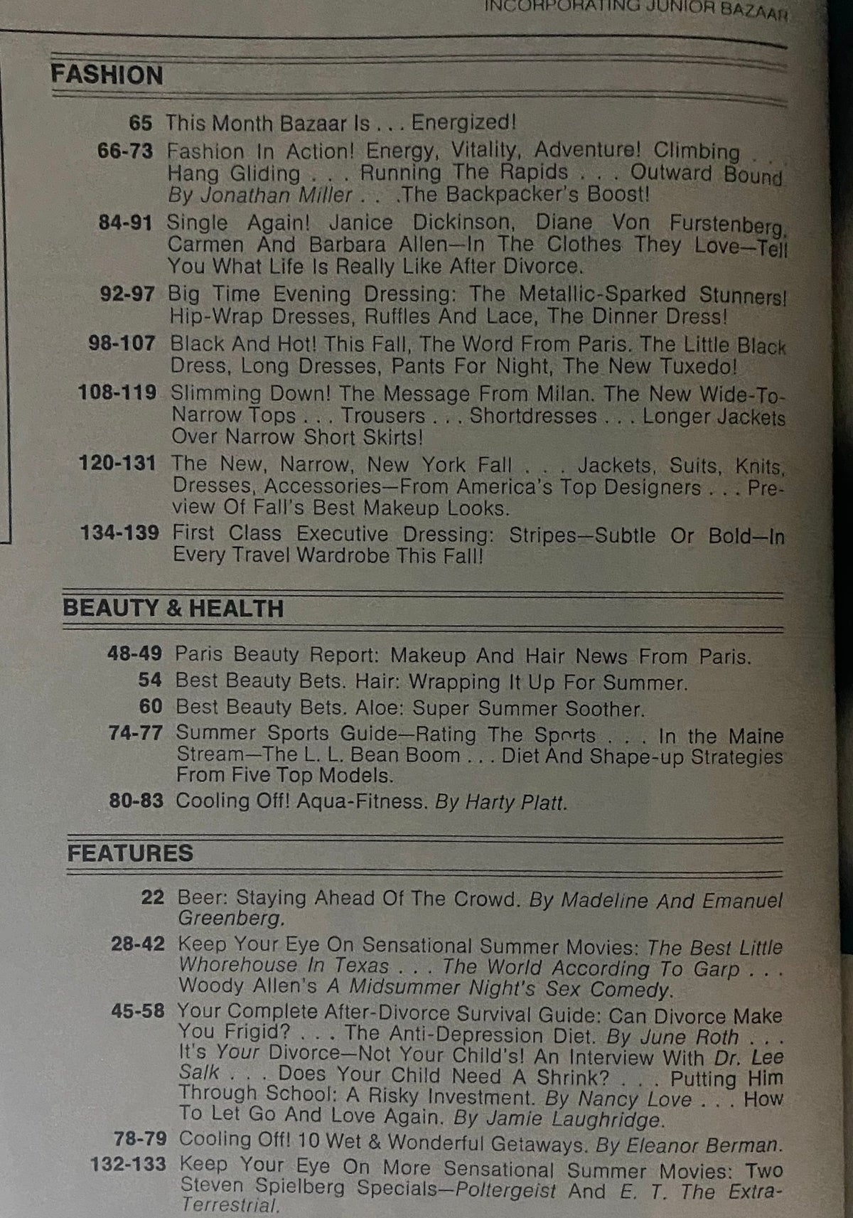 Page from Harper's Bazaar Magazine July 1982 detailing fashion highlights, beauty articles, and summer features, offering a glimpse into the magazine's retro style.