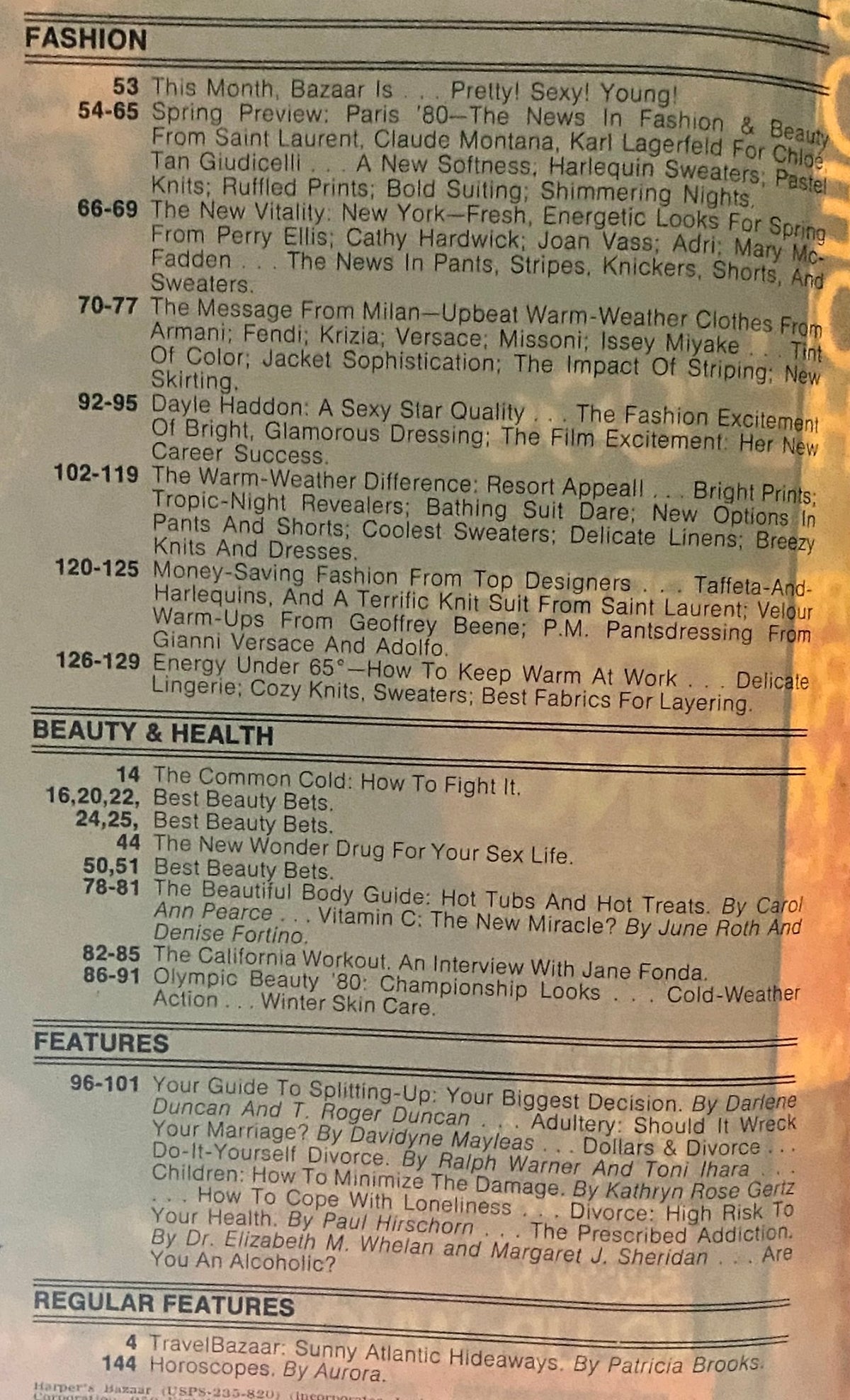 Interior page of Harper's Bazaar Magazine January 1980 displaying the table of contents, showcasing various fashion articles, beauty tips, and features relevant to the early 1980s.
