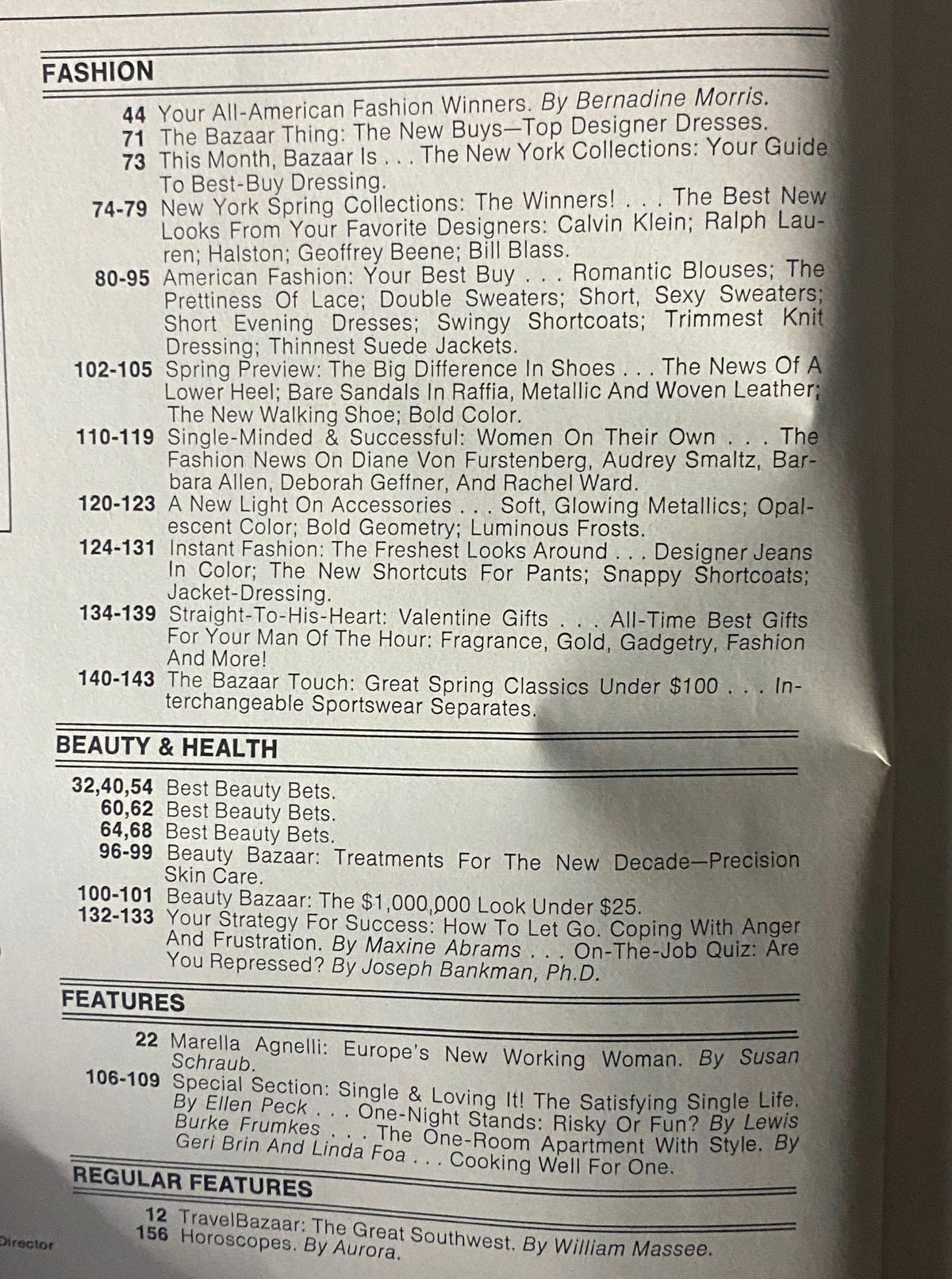 Table of contents from Harper's Bazaar Magazine February 1980 featuring articles on fashion and beauty trends.