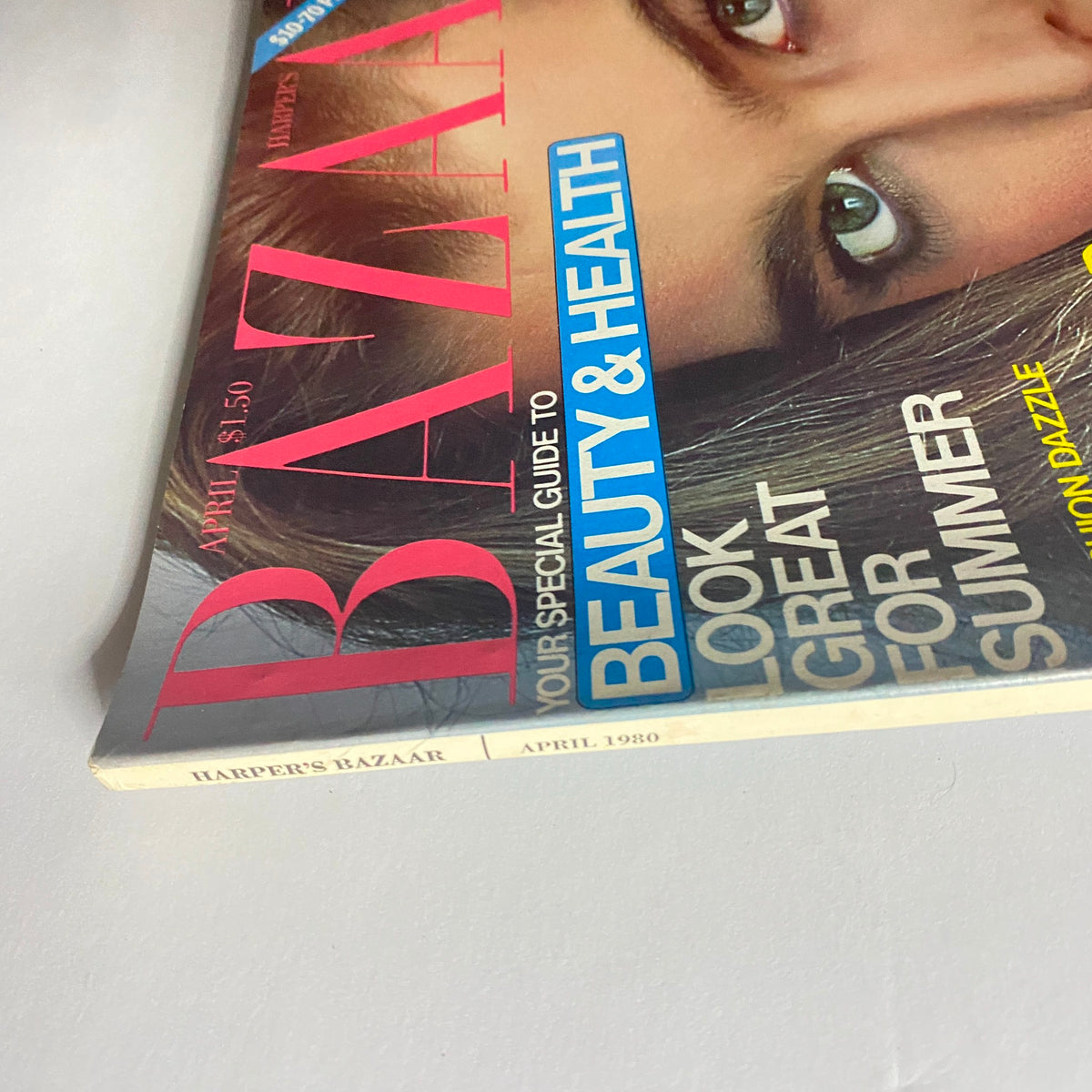 Close-up view of Harper's Bazaar Magazine April 1980, emphasizing the title and beauty tips for summer, with Brooke Shields prominently displayed.
