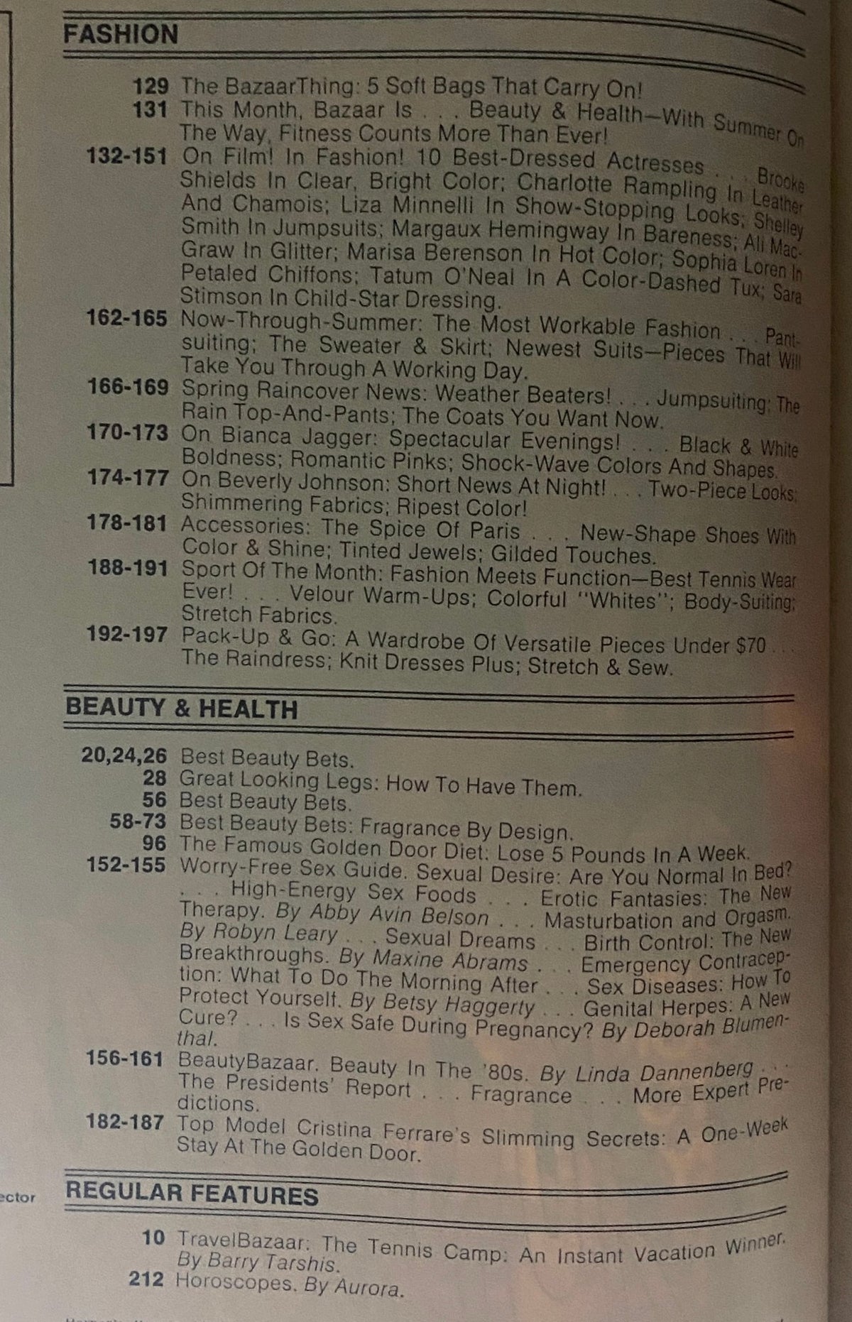 Content overview of Harper's Bazaar Magazine April 1980, detailing key articles on fashion and beauty trends of the era.