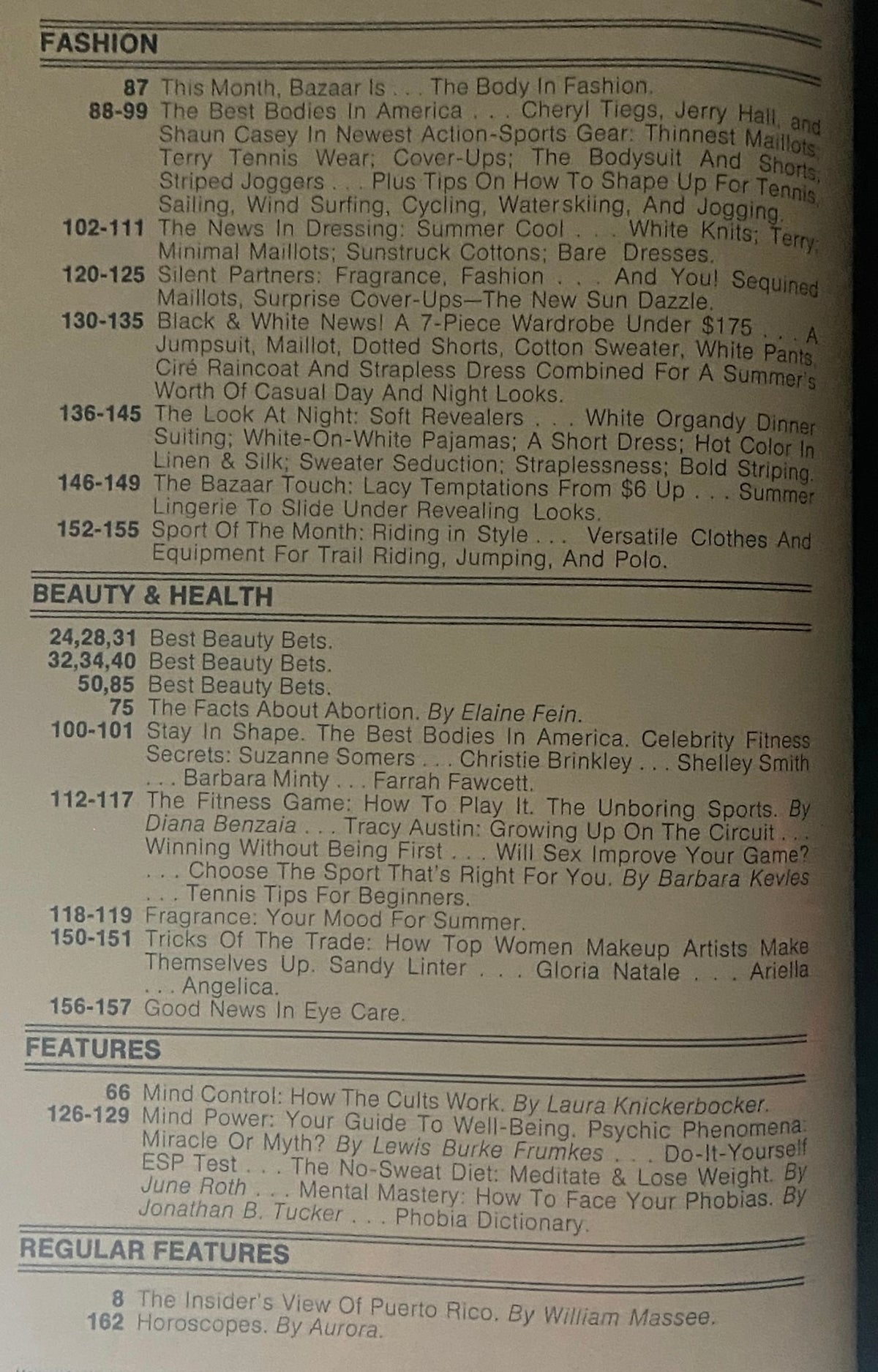 Contents page of Harper's Bazaar Magazine May 1980, listing articles on fashion, beauty, and health trends of the time.
