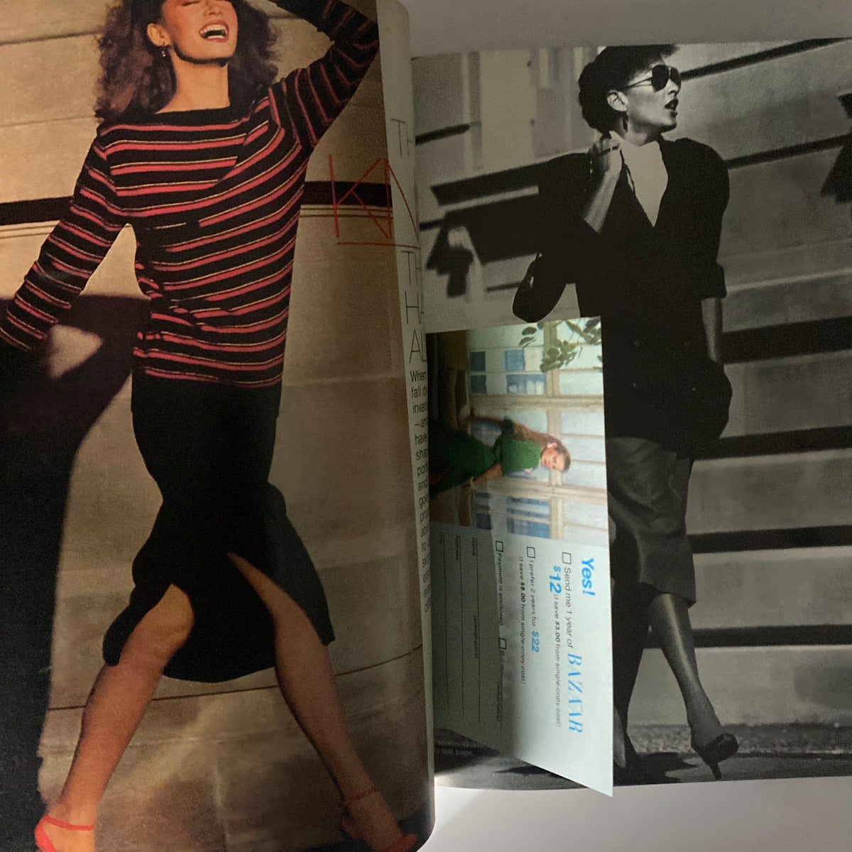 Fashion editorial spread from Harper's Bazaar Magazine July 1979 with two models posing stylishly in vibrant outfits, showcasing vintage fashion.