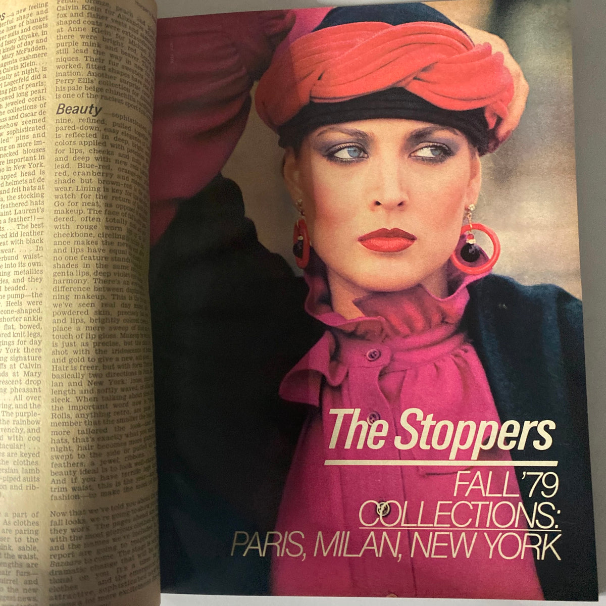 Harper's Bazaar Magazine July 1979 Cheryl Tiegs Cover featuring a model with bold makeup, pink clothing, and striking accessories during the Fall '79 collections from Paris, Milan, and New York.