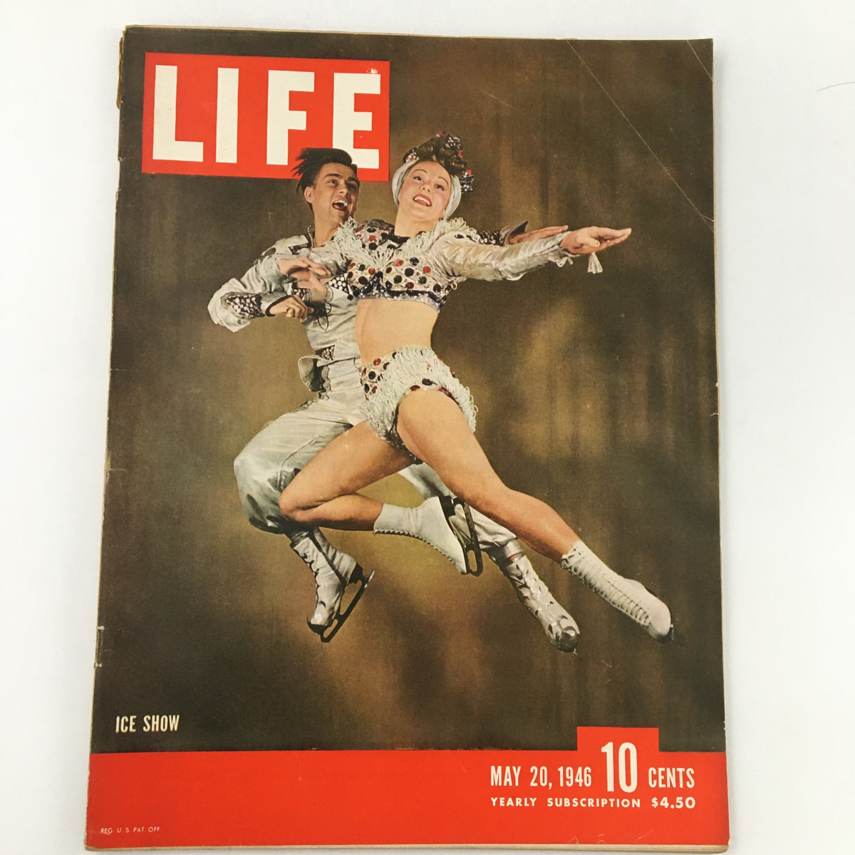 Vintage Life Magazine cover from May 20, 1946 featuring an ice show with performers Donna Atwood and Bobby Specht, showcasing their captivating performance.