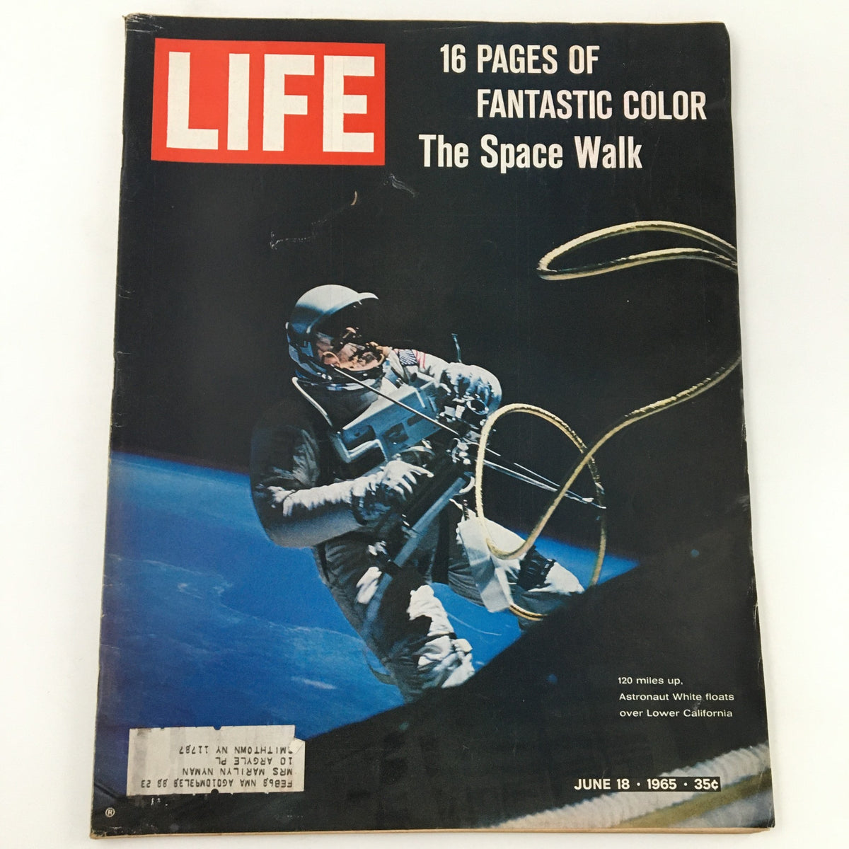 Cover of Life Magazine from June 18, 1965, featuring Astronaut Edward White floating over Lower California, with the title '16 PAGES OF FANTASTIC COLOR' and a reference to the historic spacewalk.