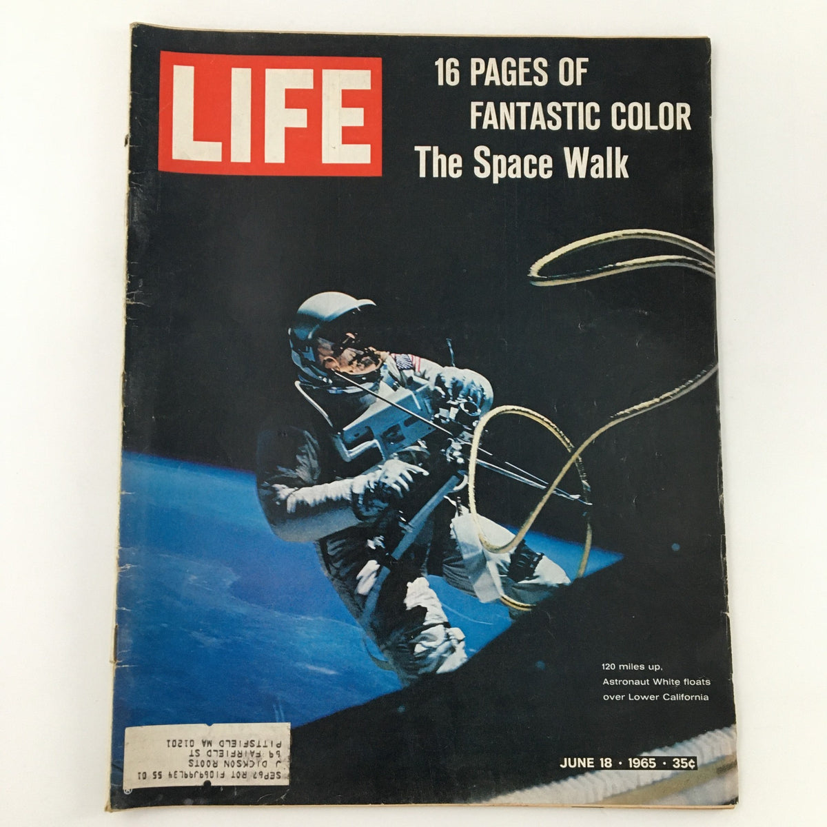 VTG Life Magazine June 18 1965 cover featuring Astronaut Edward White during his spacewalk, showcasing vibrant colors and iconic imagery related to space exploration.
