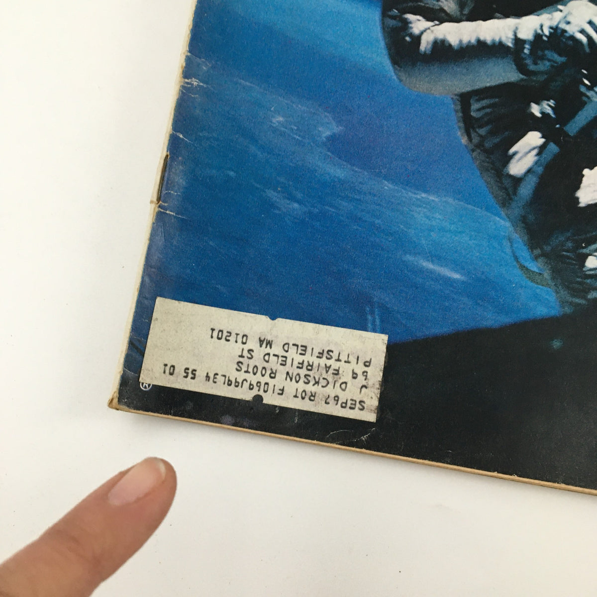 Close-up of the cover of VTG Life Magazine June 18 1965, displaying Astronaut Edward White's spacewalk and a vintage address label.
