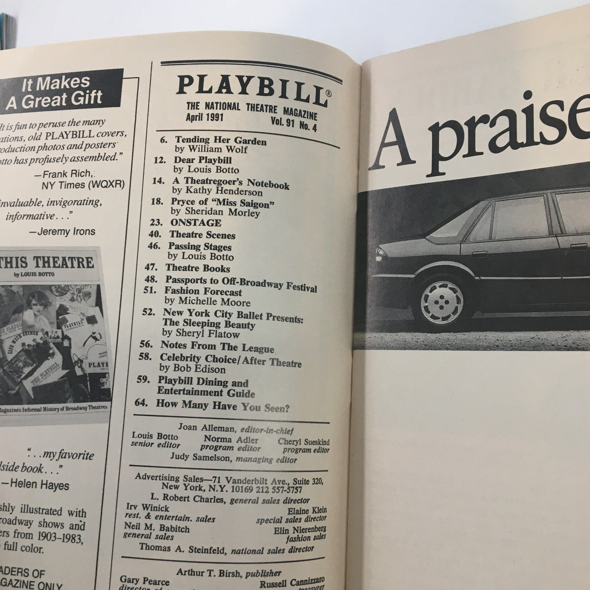 Interior page of the 1991 Playbill for The Palace Theatre displaying the contents list, highlighting featured shows of April 1991.
