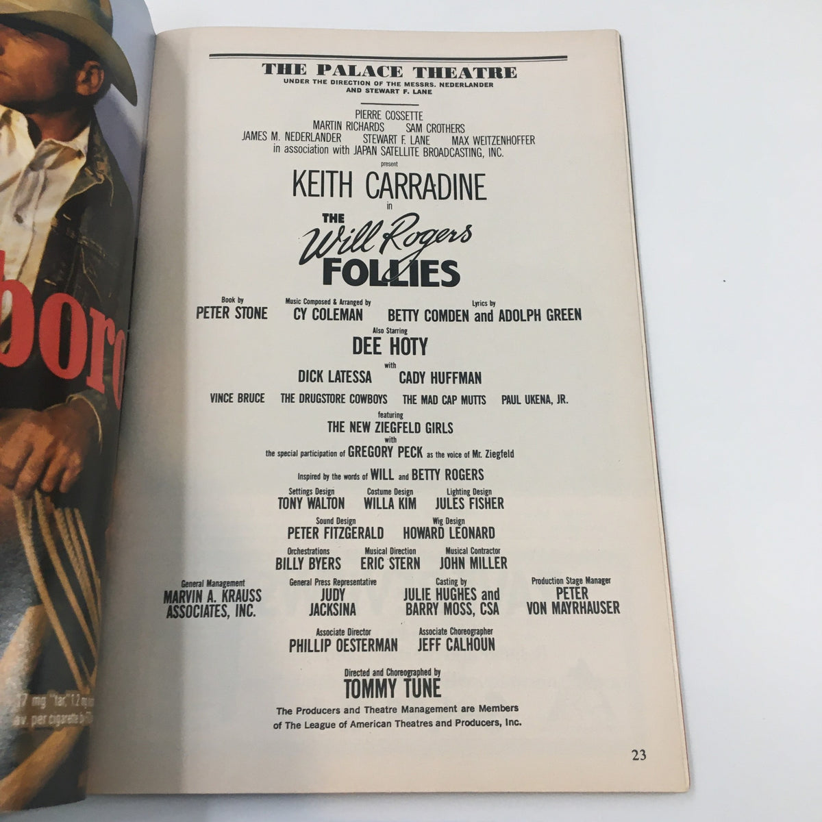 Another interior page of the 1991 Playbill for The Palace Theatre, featuring cast and crew information for The Will Rogers Follies, including Keith Carradine.