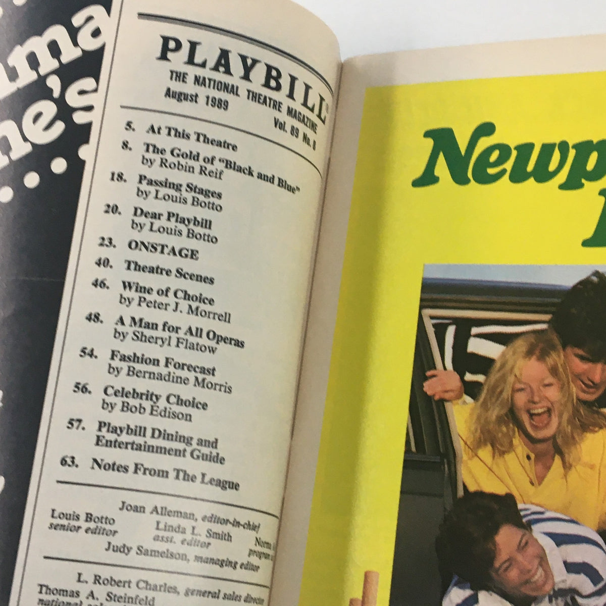 Inside page of a 1989 Playbill, showcasing advertisements and listings from the National Theatre Magazine for August 1989.