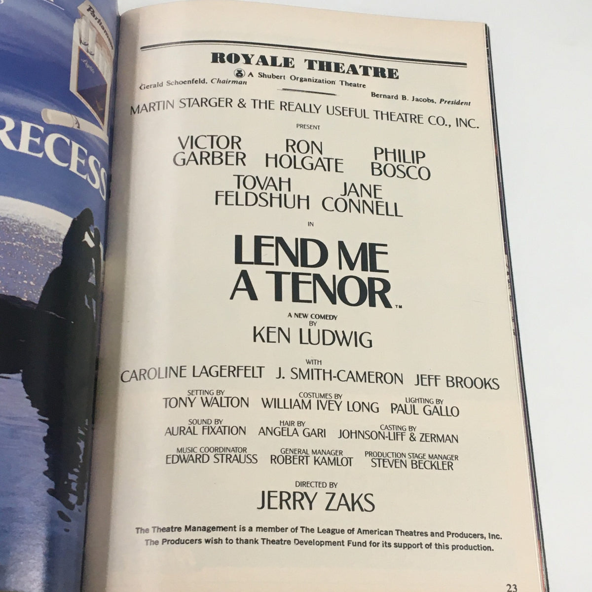 Detailed page from the 1989 Playbill of Lend Me A Tenor, highlighting cast members including Victor Garber, at the Royale Theatre.