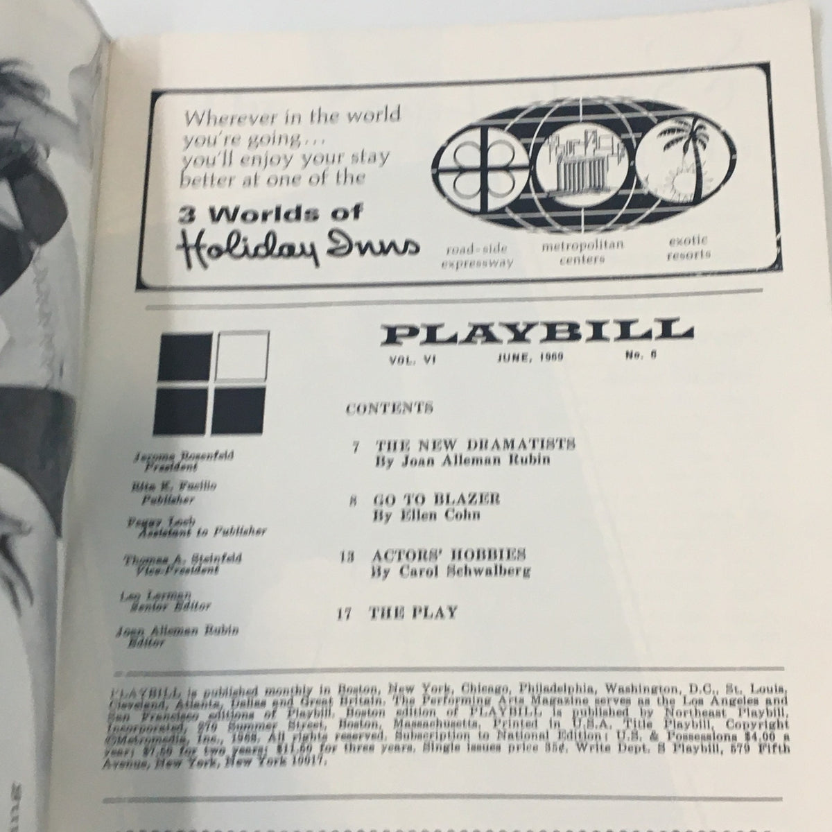 1969 Playbill The Colonial Theatre Hamlet by William Shakespeare showcasing the table of contents and contributors including Joan Allesman Rubin and others.