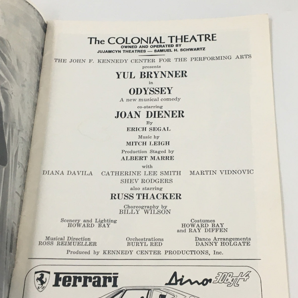 1975 Playbill The Colonial Theatre Yul Brynner in Odyssey featuring cast information including Yul Brynner and Joan Diener, music by Mitch Leigh, and production details.
