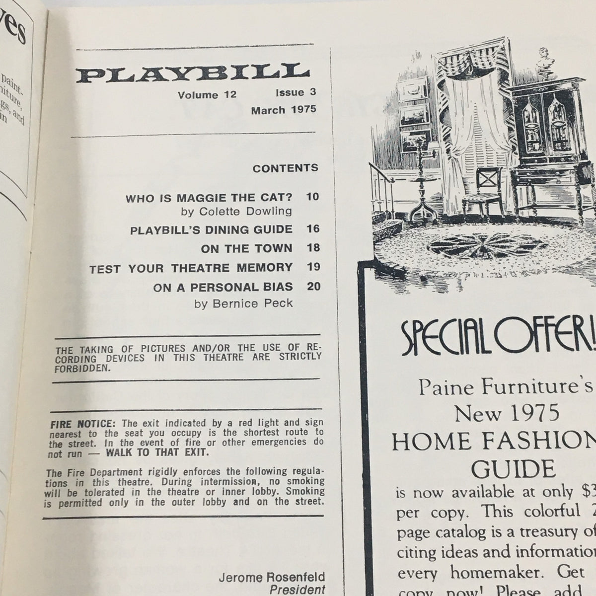 1975 Playbill Volume 12 Issue 3 including the table of contents and a fire notice, highlighting the regulations for audience safety at The Colonial Theatre.