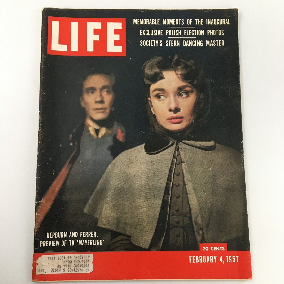 Vintage Life Magazine cover from February 4, 1957 featuring Audrey Hepburn and José Ferrer; highlights preview of TV 'Mayerling'.