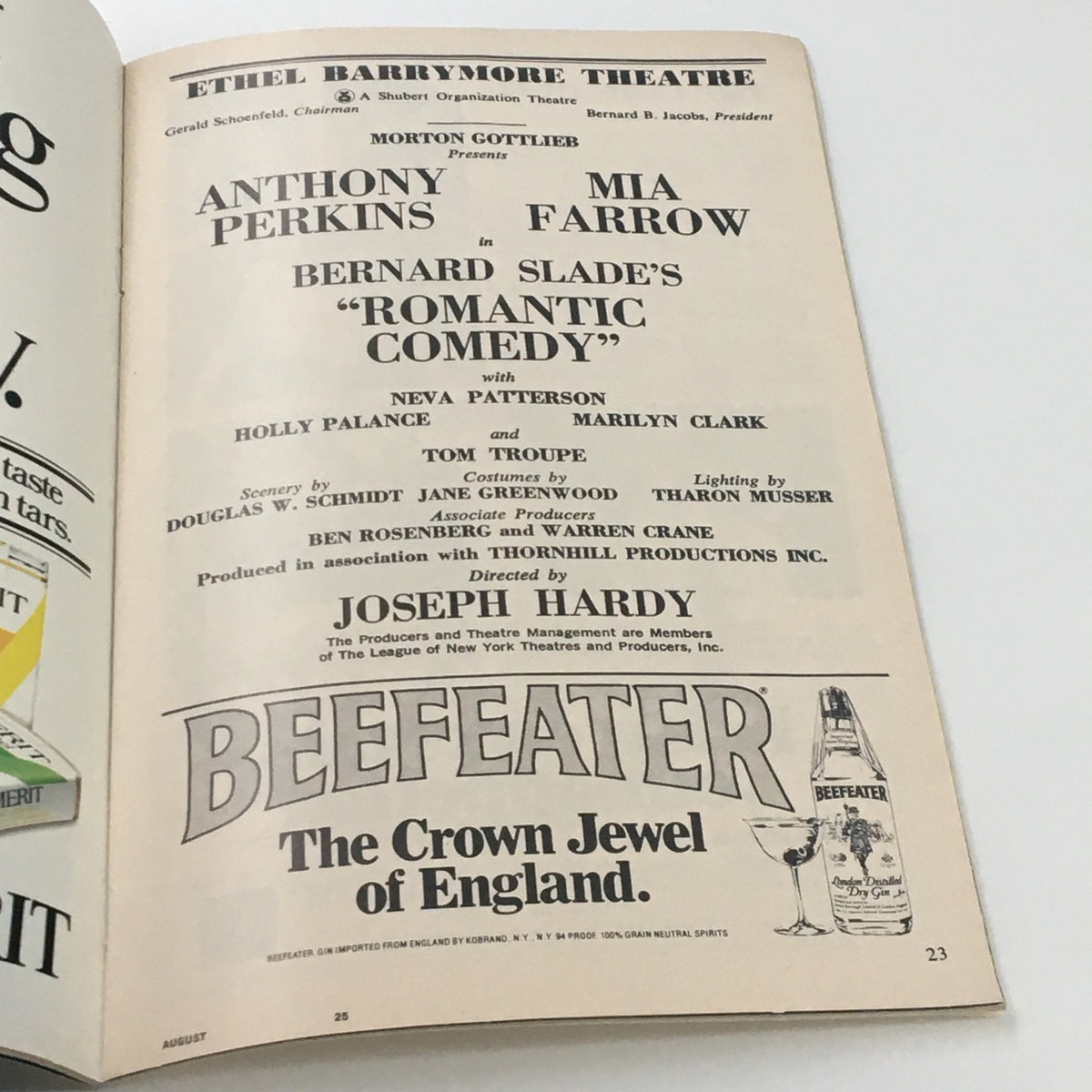 1980 Ethel Barrymore Theatre Playbill starring Anthony Perkins in Romantic Comedy, showcasing production details and cast information.