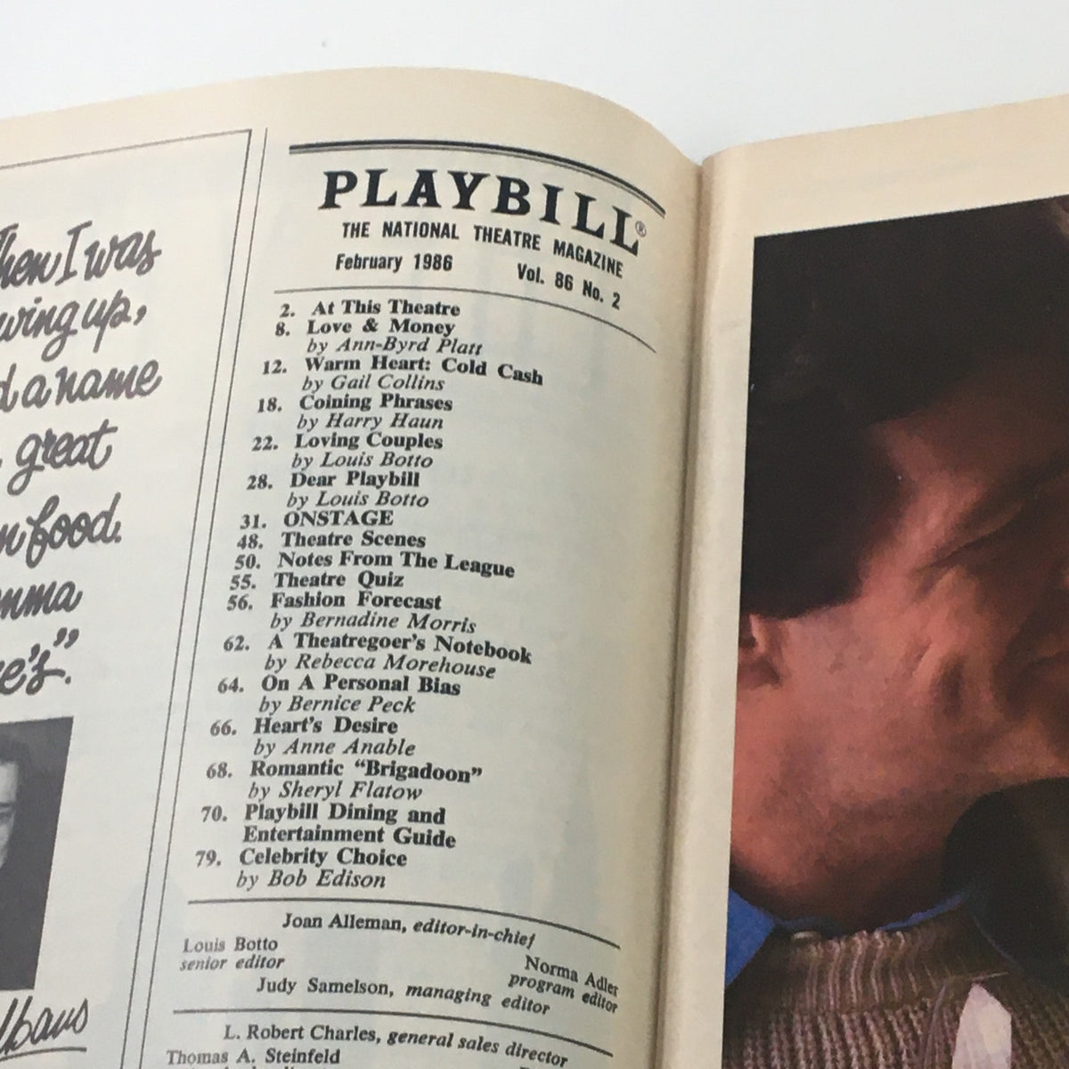 Inside page of the 1986 Playbill for Harold Pinter's The Caretaker showcasing the table of contents.