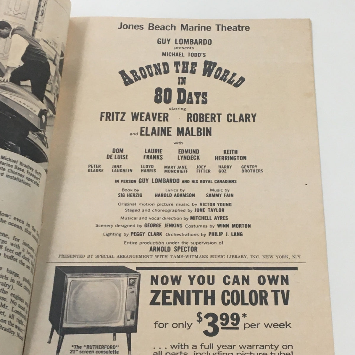 Inside page of the 1960 program for 'Around The World in 80 Days' at Jones Beach Marine Theatre, showcasing cast and crew details.