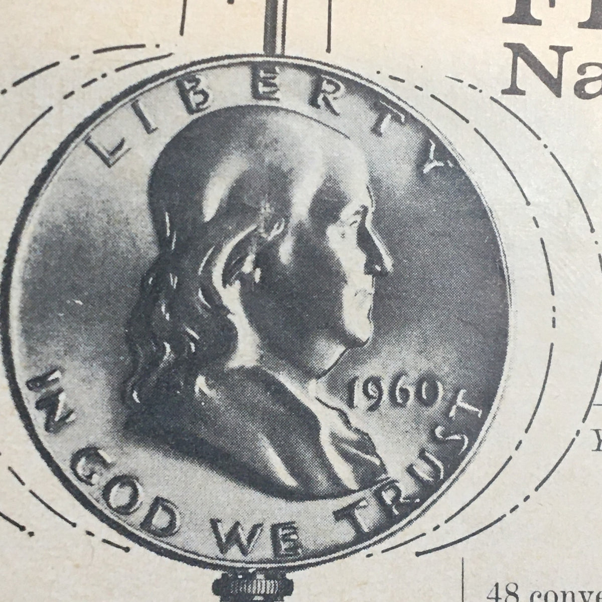 Close-up of a 1960 Franklin half dollar coin, featured in the program for 'Around The World in 80 Days' at Jones Beach Marine Theatre.