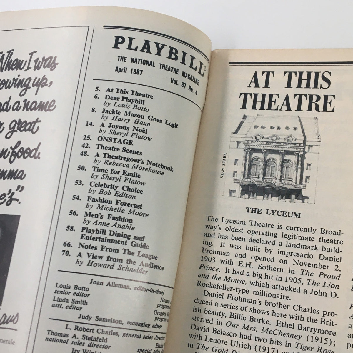 Inside view of the 1987 Playbill for Harvey Fierstein's Safe Sex, showcasing the Lyceum Theatre's details and program information.