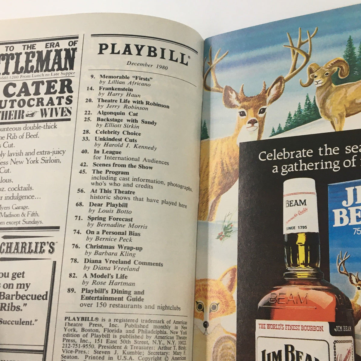 Inside view of the 1980 Playbill for Mornings at Seven featuring various show advertisements and a decorative design.