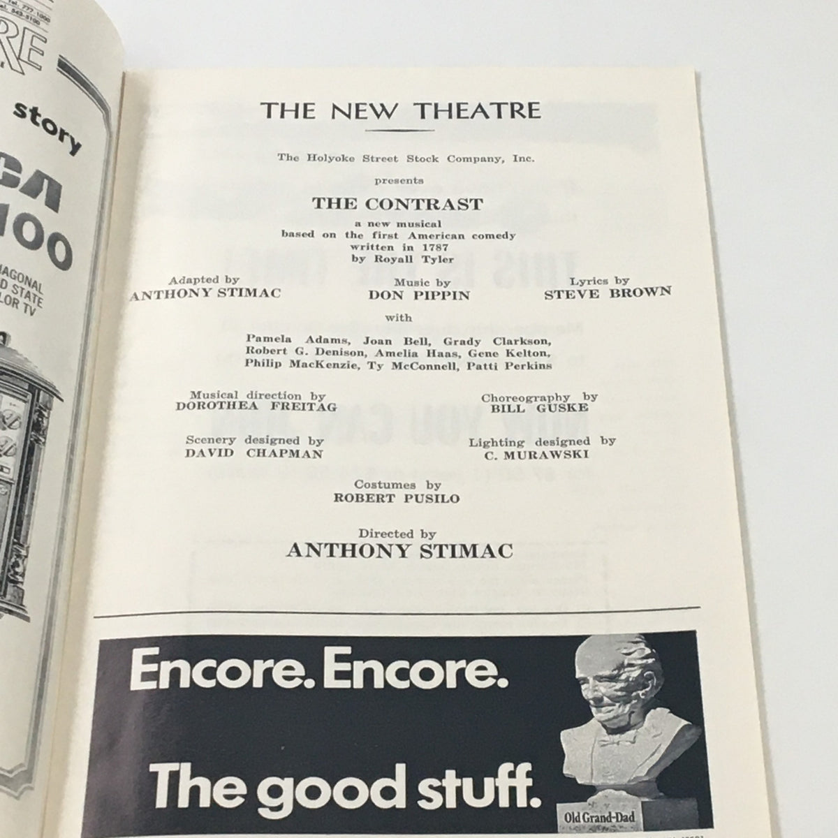 An inner page of the 1972 Playbill for 'The Contrast' listing the cast and crew, including Anthony Stimac as the director and notable contributors.