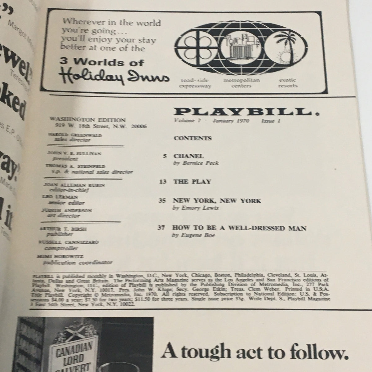 Inside page of the January 1970 Playbill, showcasing contents including articles and features related to Max Morath at the Turn of the Century.