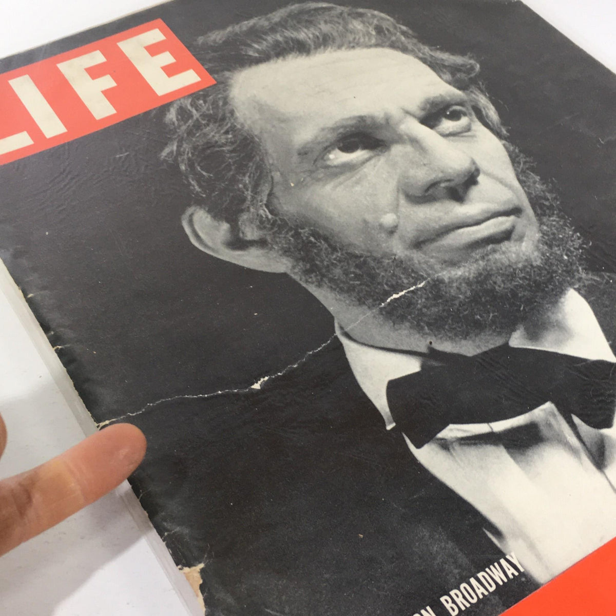Detailed view of the Vintage Life Magazine from October 31, 1938, showing the cover image and the title Abe Lincoln On Broadway.