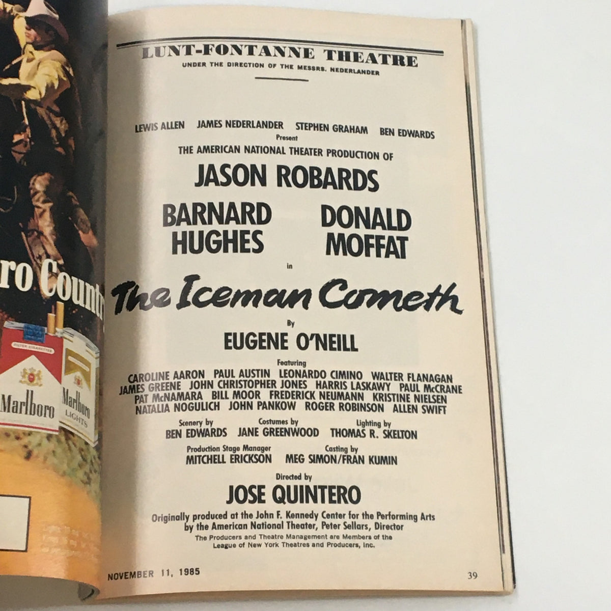 Lunt-Fontanne Theatre Playbill from November 11, 1985, listing the cast of The Iceman Cometh by Eugene O'Neill.