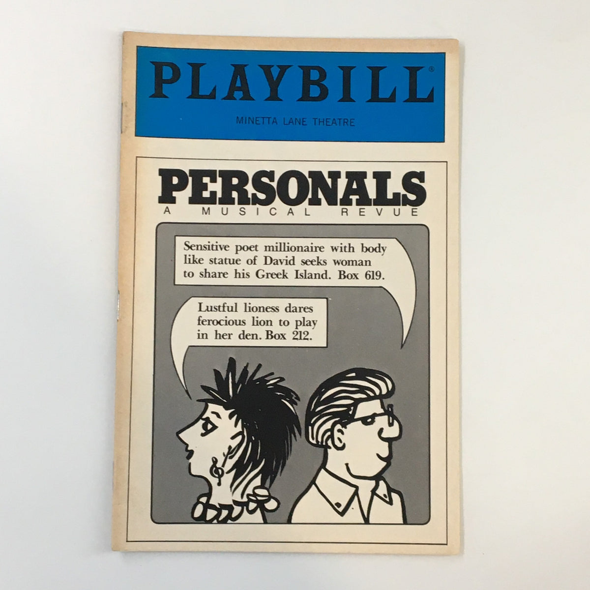 1986 Playbill for Minetta Lane Theatre's 'Personals: A Musical Revue' featuring cartoon illustrations and humorous personal ads.