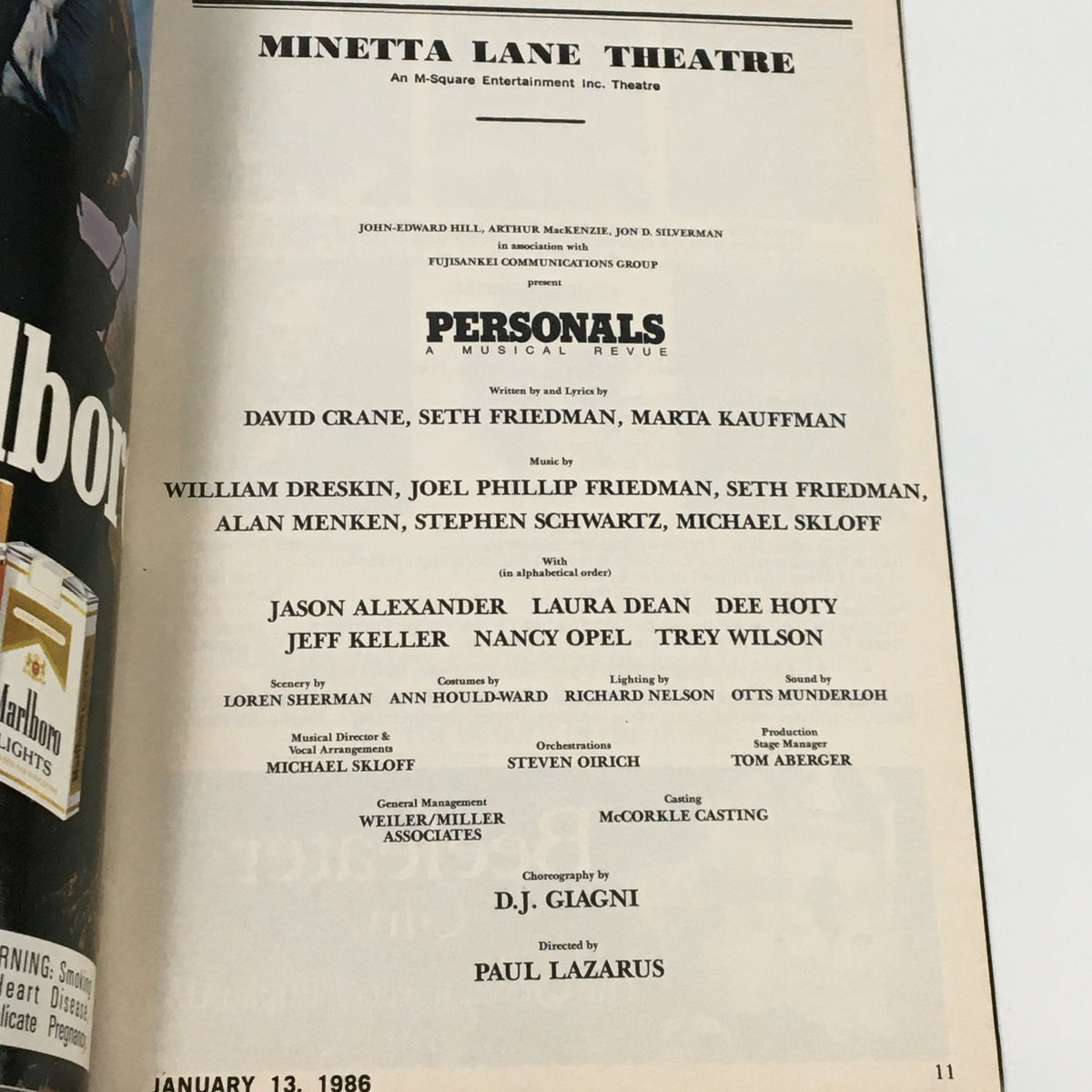 Inside page of the 1986 Playbill for 'Personals: A Musical Revue' at Minetta Lane Theatre, listing the creators, cast, and musical contributors.