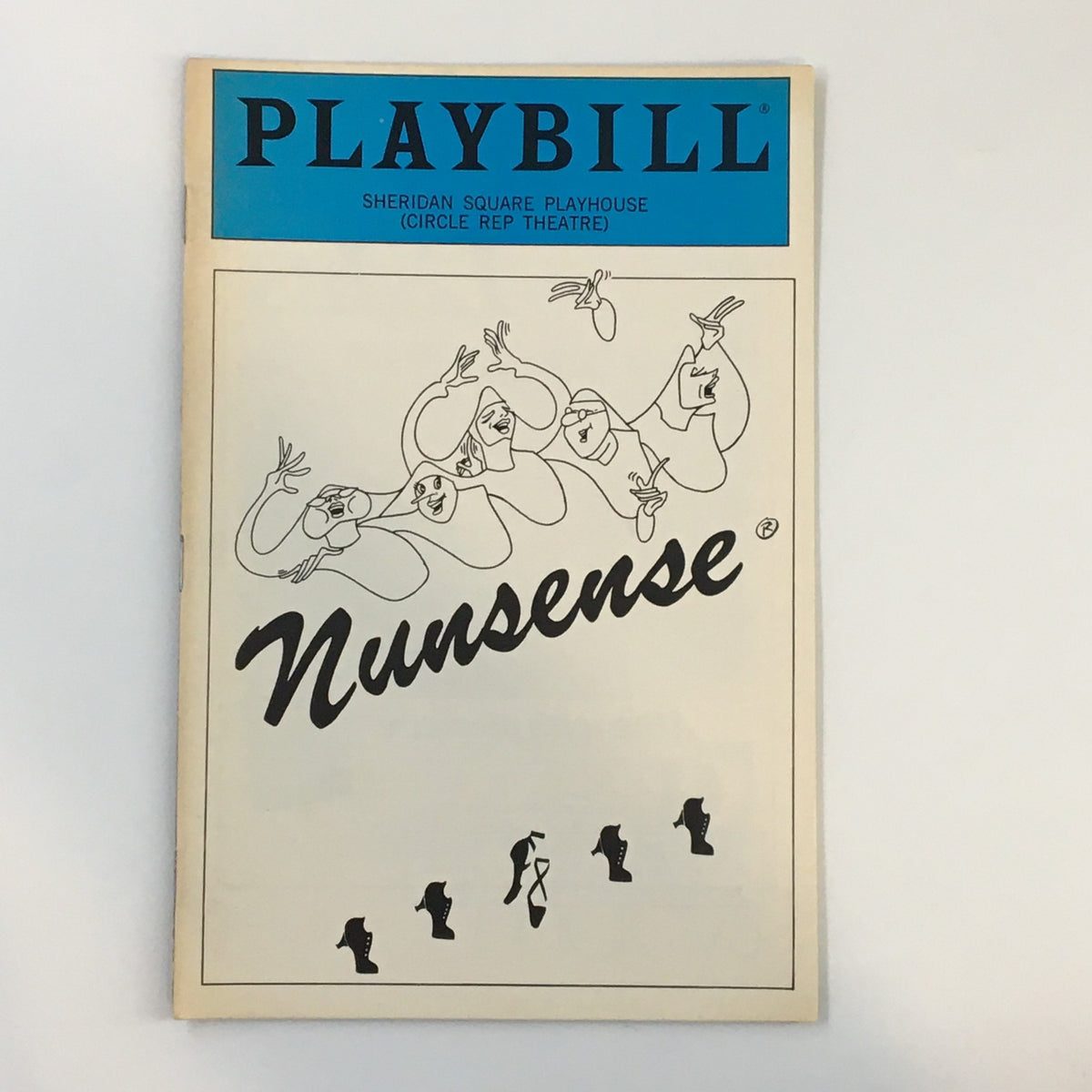 Original 1986 Playbill for the musical Nunsense at Sheridan Square Playhouse featuring artistic design with humorous nun illustrations and vibrant typography, a collectible item for theatre lovers.