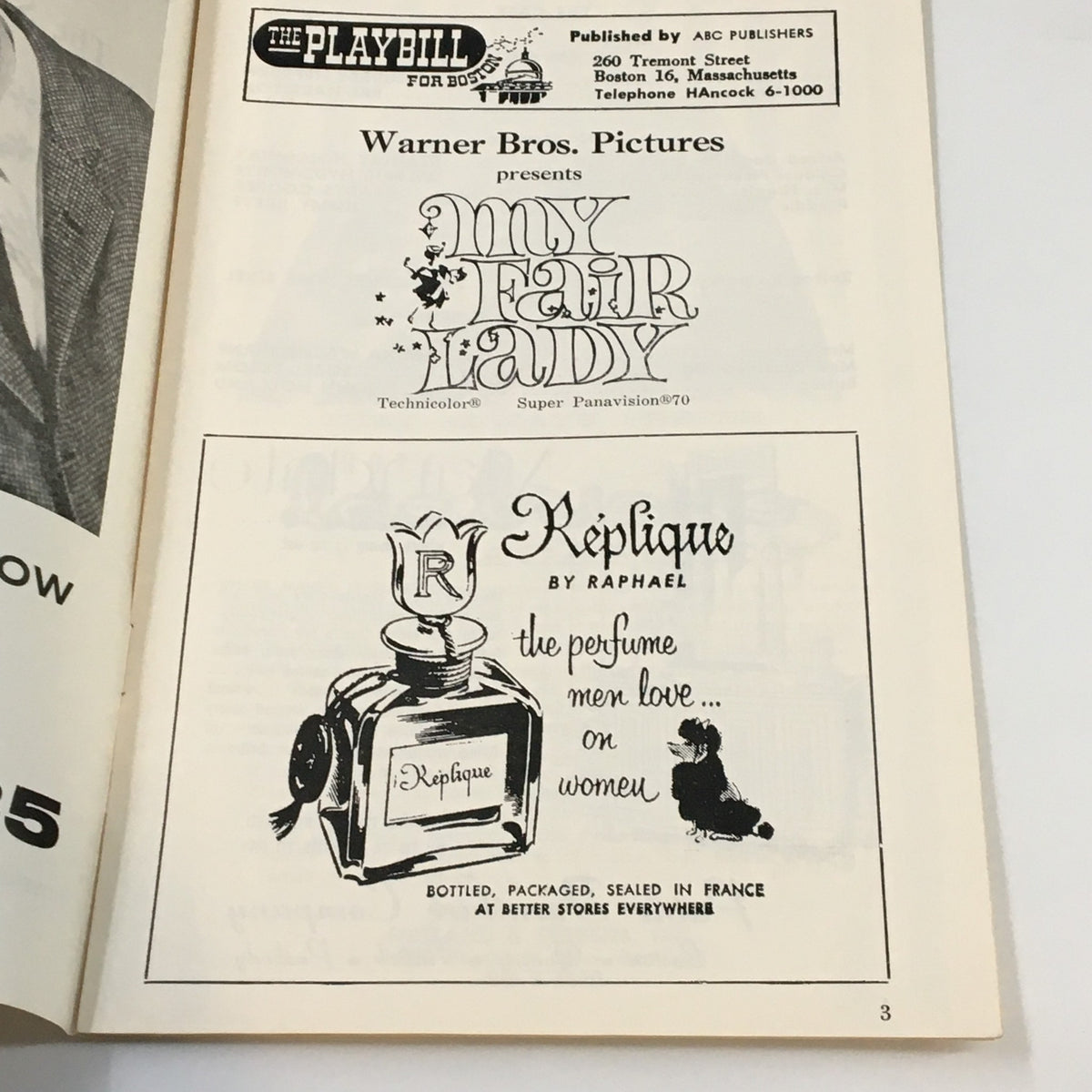 Inside page of the 1964 Playbill for My Fair Lady, showcasing the Warner Bros. Pictures presentation and an advertisement for Réplique perfume.