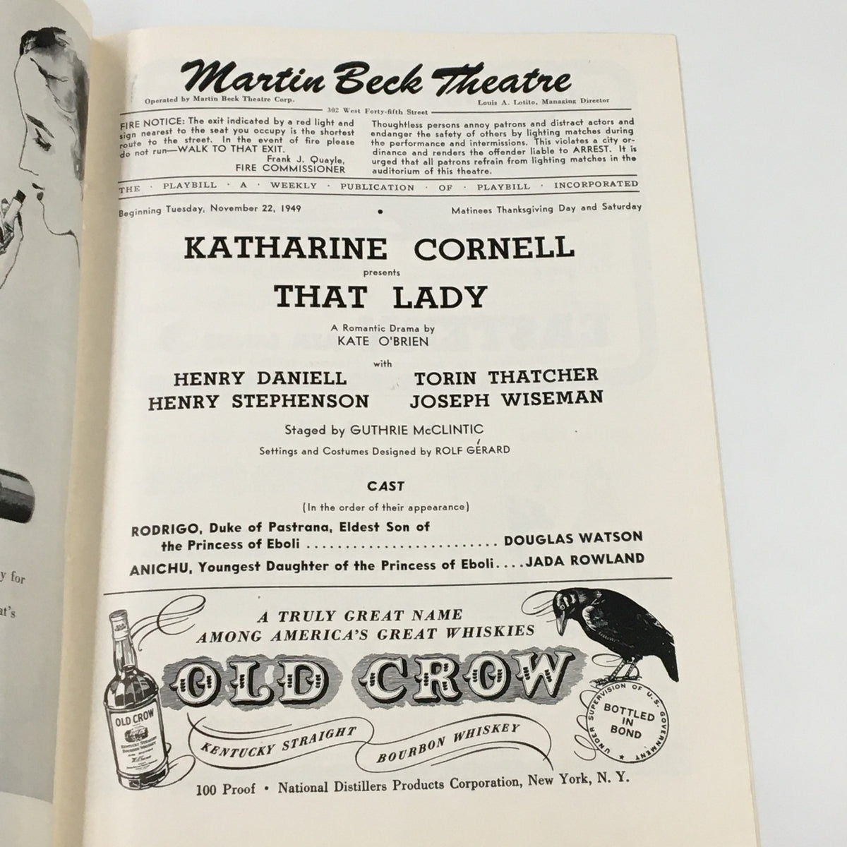 1949 Playbill from Martin Beck Theatre featuring Katharine Cornell in 'That Lady' by Kare O'Brien, showcasing cast details and promotional material.