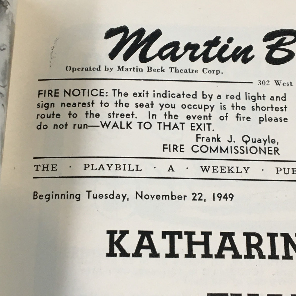 1949 Playbill front page from Martin Beck Theatre with fire safety notice and beginning date, highlighting Katharine Cornell's performance in 'That Lady' by Kare O'Brien.