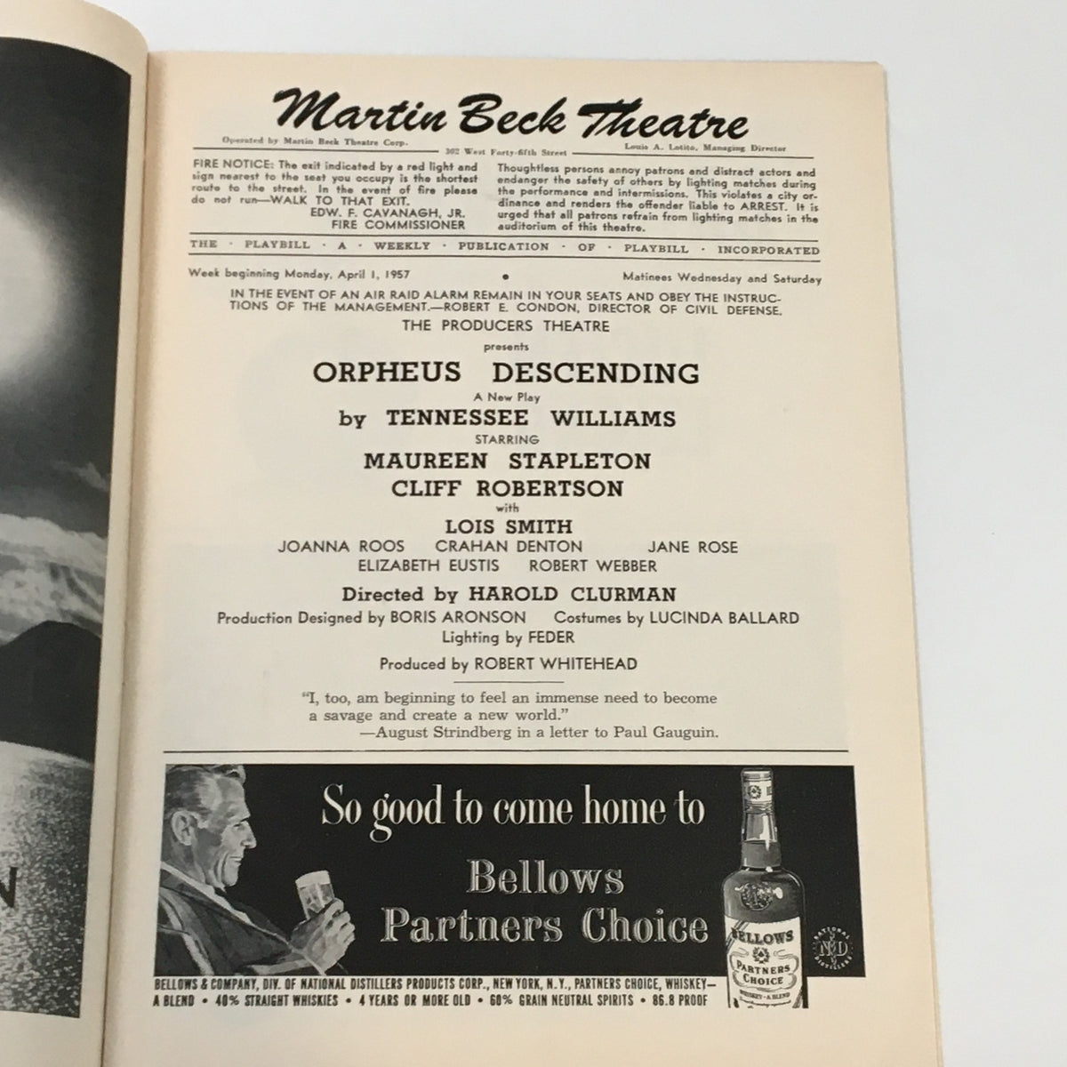 1957 Playbill for 'Orpheus Descending' at Martin Beck Theatre featuring Tennessee Williams, showcasing cast and production details in a vintage design.