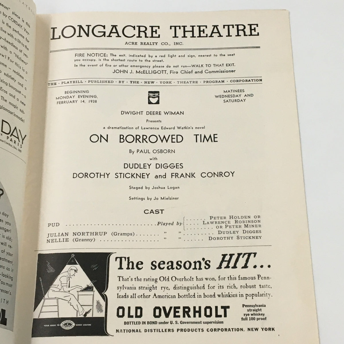 Interior page from the 1938 Playbill for 'On Borrowed Time' by Paul Osborn, detailing the cast and production information from the Longacre Theatre.