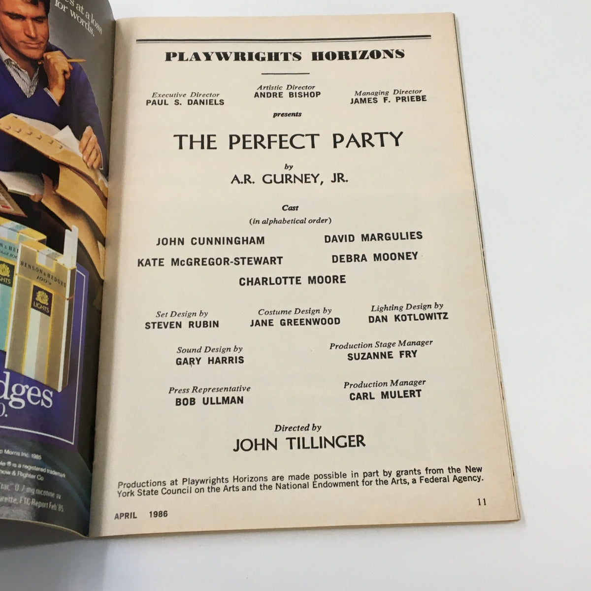 Inside page of the 1986 Playbill for The Perfect Party by A.R. Gurney Jr., displaying the cast and crew list along with production details.