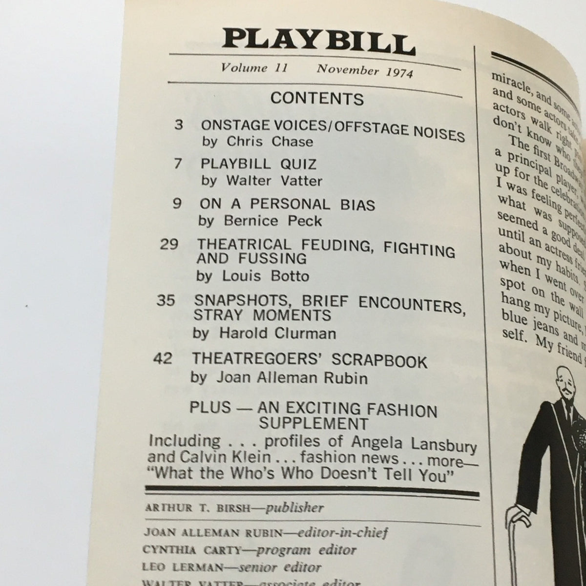 Interior page of the 1974 Playbill for Candide, showcasing the table of contents, including articles on theatrical noises and features from notable contributors.