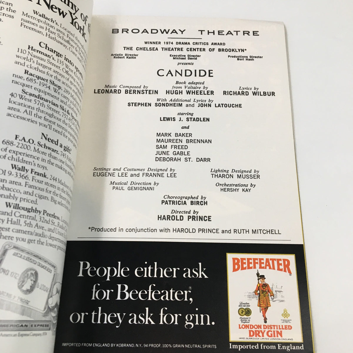 Interior page of the 1974 Playbill for Candide, highlighting the credits and cast information, with notable mention of Lewis J. Stadlen and Harold Prince.