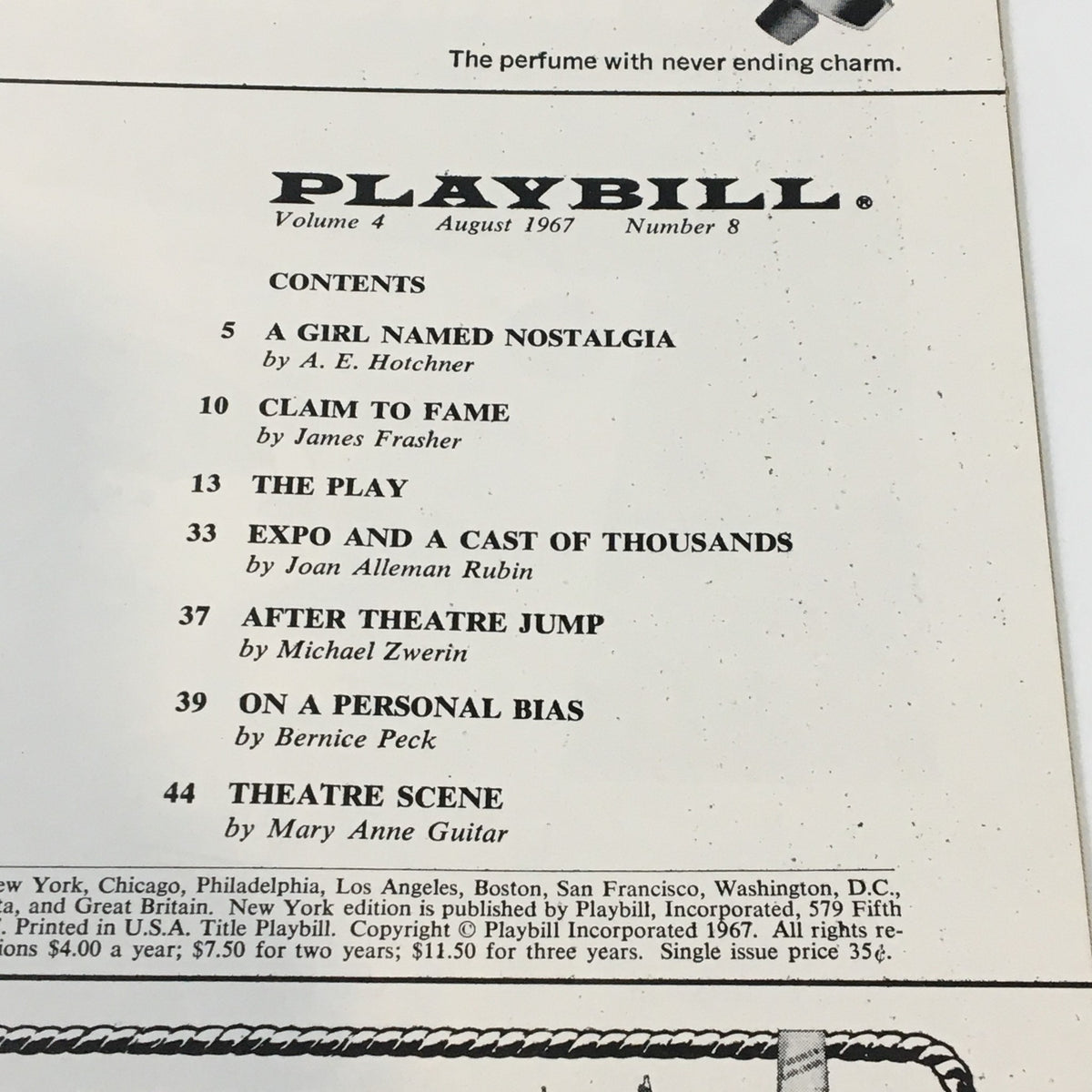 Contents page from the August 1967 Playbill for Fiddler on the Roof, detailing articles and features related to the theater scene.