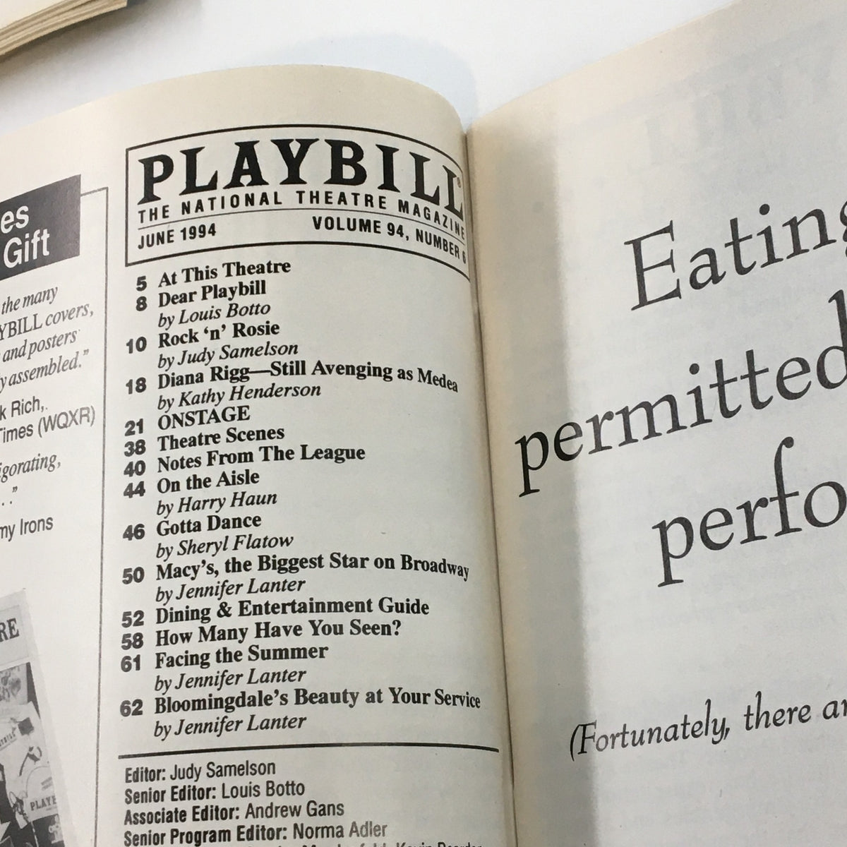 Interior view of the June 1994 Playbill for Passion, featuring listings and articles related to the theatrical production.