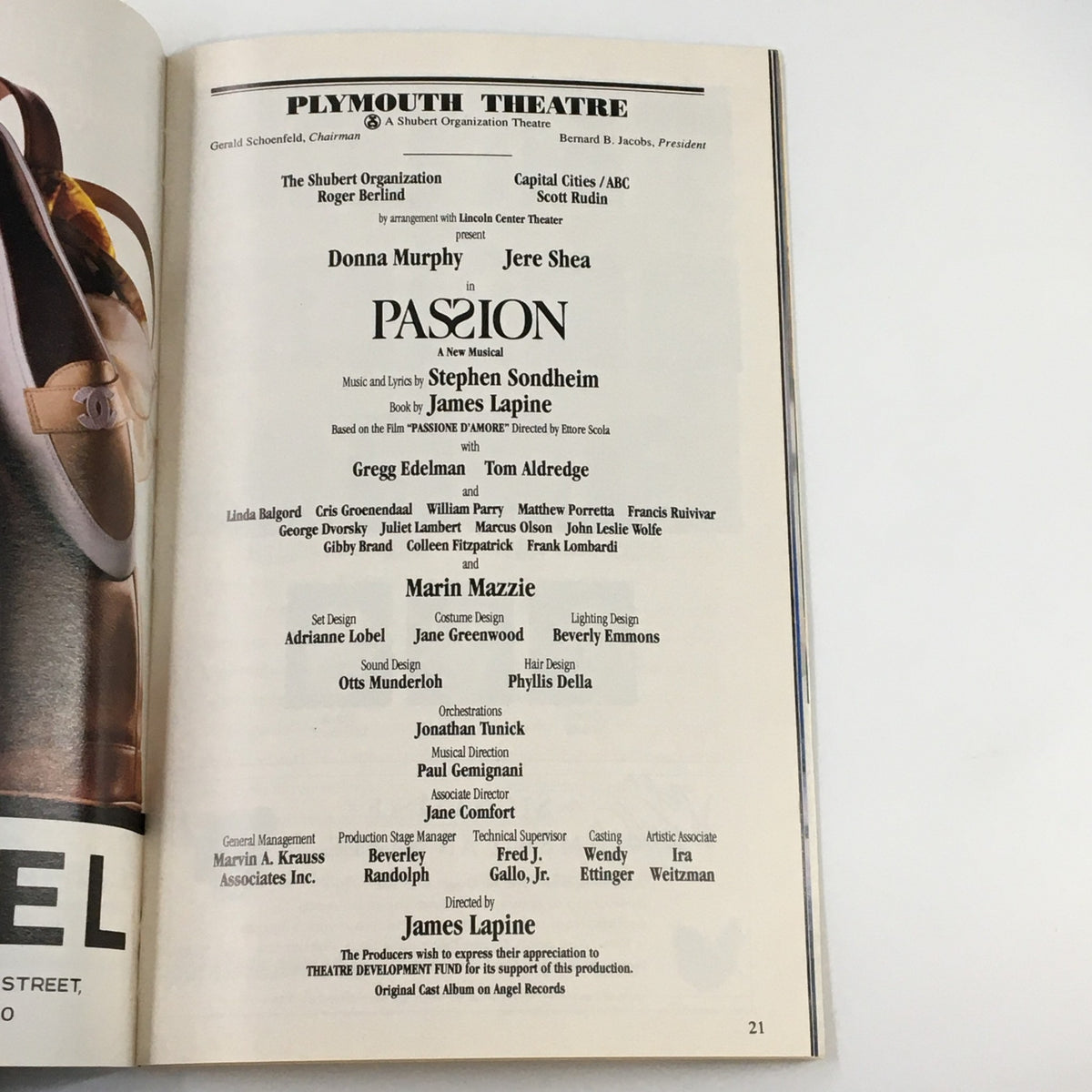 Inside page of the 1994 Playbill for Passion A Musical at the Plymouth Theatre, featuring cast details including Donna Murphy and Jere Shea. A collectible piece of Broadway history.